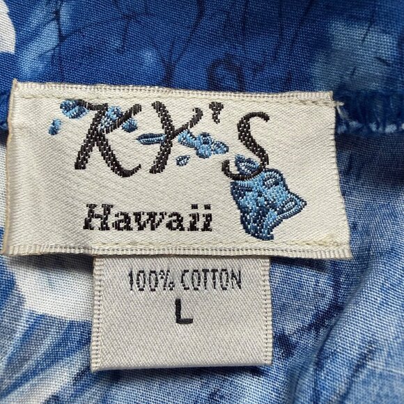Vintage Hawaiian KY's Hawaii Size L Blue White Hibiscus Floral Ruffle Midi Dress - Picture 6 of 16